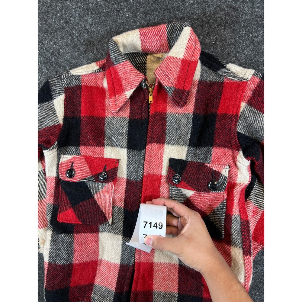 Vintage 60s Kids Red Buffalo Plaid Wool Zip Up Jacket Talon Zipper Size 10